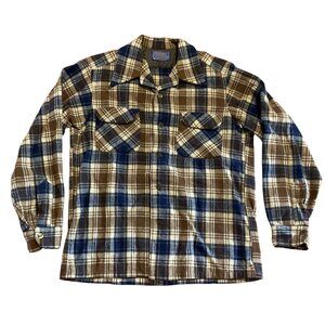 Vtg Pendleton Board Shirt Shacket M Loop Collar Brown Blue Plaid Virgin Wool USA